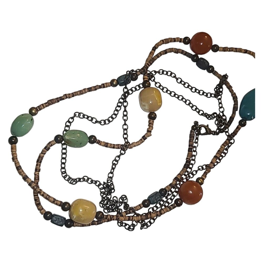 Vintage Boho Coconut Shell & Multi-color Acrylic Bead Station Necklace 32"‎